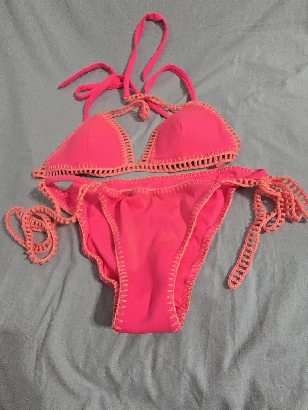 Victoria's Secret Neon Pink Surf Crochet Bikini Set Triangle Top Side Tie Bottom